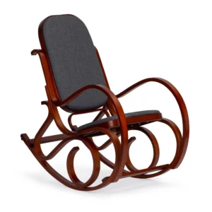 Fotel bujany na drewnianych płozach ModernHome styl retro płozy kolor orzech tkanina szara