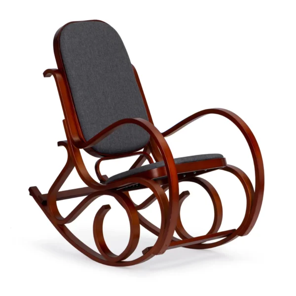 Fotel bujany na drewnianych płozach ModernHome styl retro płozy kolor orzech tkanina szara