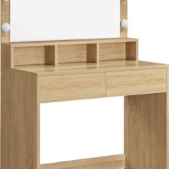 Duża toaletka kosmetyczna Dąb Sonoma z lustrem 9 żarówek LED regulacja światła 2 szuflady