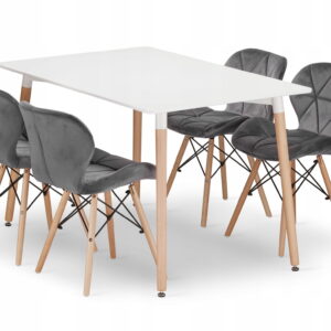Biały stół prostokątny Adria 120x80 i 4 szare krzesła velvet Lago styl skandynawski
