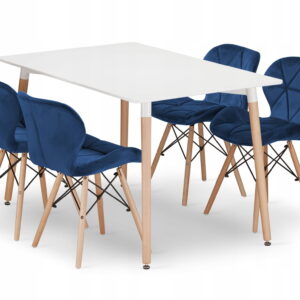 Biały stół prostokątny Adria 120x80 i 4 granatowe krzesła velvet Lago styl nowoczesny