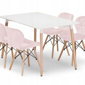Nowoczesny biały stół jadalniany Adria 120x80 i 4 różowe krzesła z ekoskóry Lago