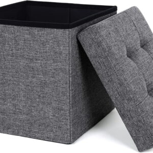 Pufa składana ze schowkiem 38 cm – Ciemnoszara lniana