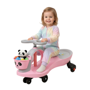 Dziewczynka na różowym jeździku grawitacyjnym.