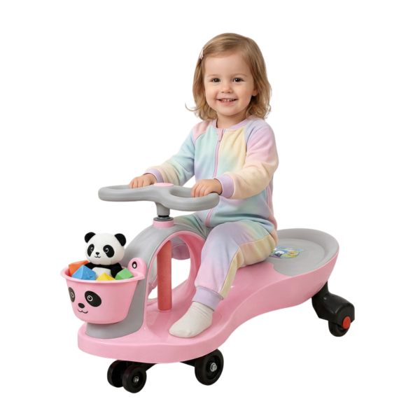 Dziewczynka na różowym jeździku grawitacyjnym.